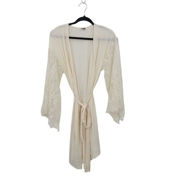 Vintage-Inspired Cream Robe Sz S Sheer Lace Kimono Sleeves Waist Tie Bridal - Picture 9 of 9